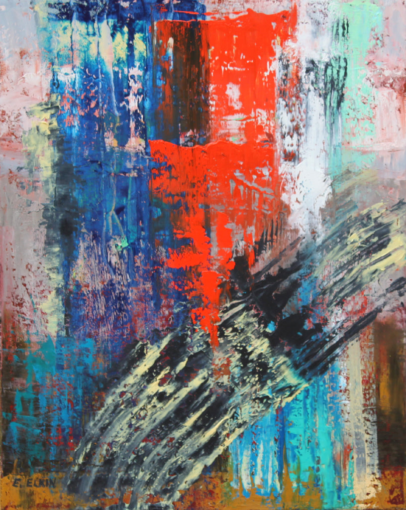 Fracture in Red and Blue - Original  Heavy Texture Abstract Painting / Elizabeth Elkin