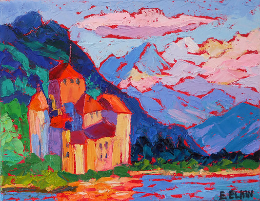Chillon Castle - Original Oil Painting Swiss Landscape / Elizabeth Elkin