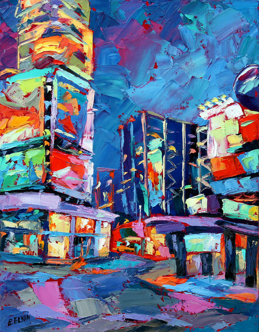 Cityscape Original Oil painting "Dundas Square at Night" by Elizabeth Elkin