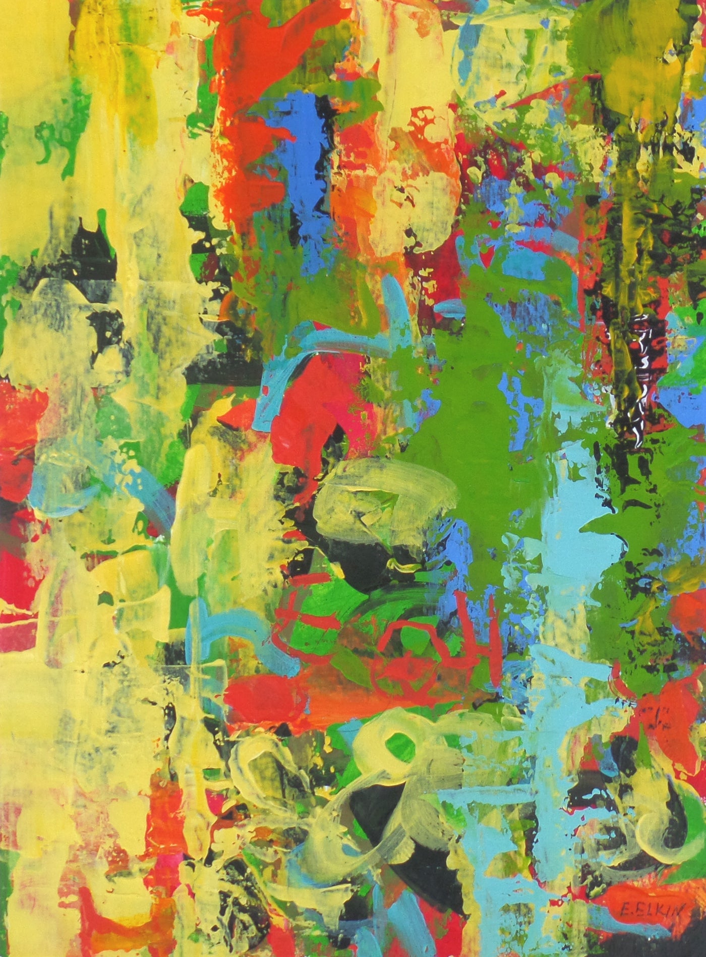 Yellow and Green - Original Abstract Painting on Paper / Elizabeth Elkin
