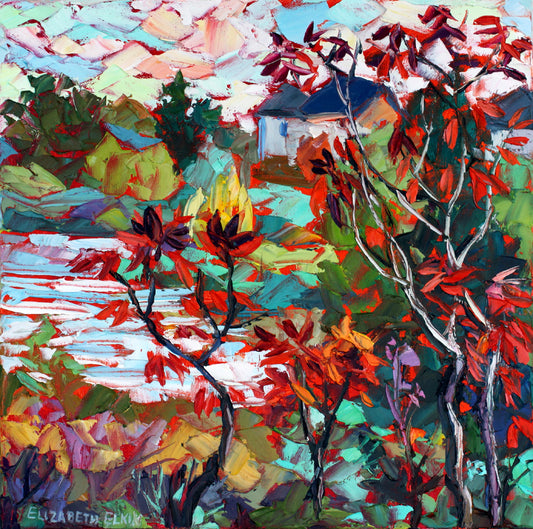 Red Leaves Original Painting Landscape / Elizabeth Elkin